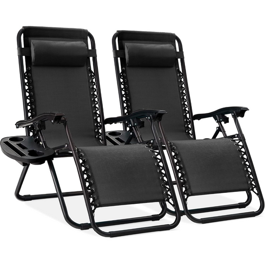 Best Choice Products Set of 2 Adjustable Steel Mesh Zero Gravity Lounge Chair Recliners w/Pillows and Cup Holder Trays