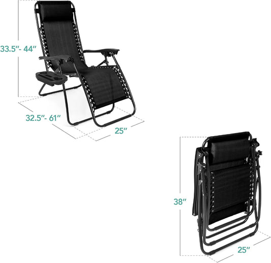 Best Choice Products Set of 2 Adjustable Steel Mesh Zero Gravity Lounge Chair Recliners w/Pillows and Cup Holder Trays